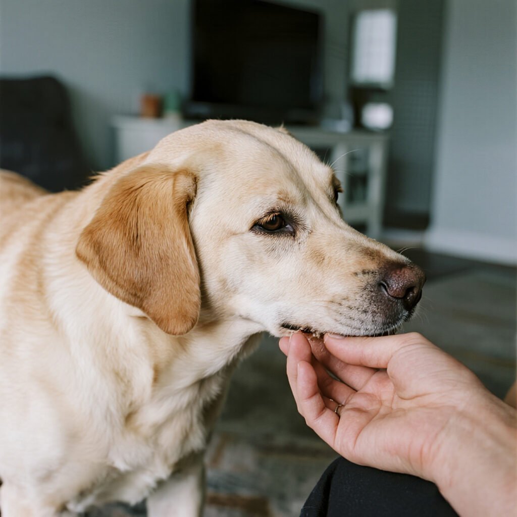 dog stopped eating: the owner is petting a pet with poor appetite