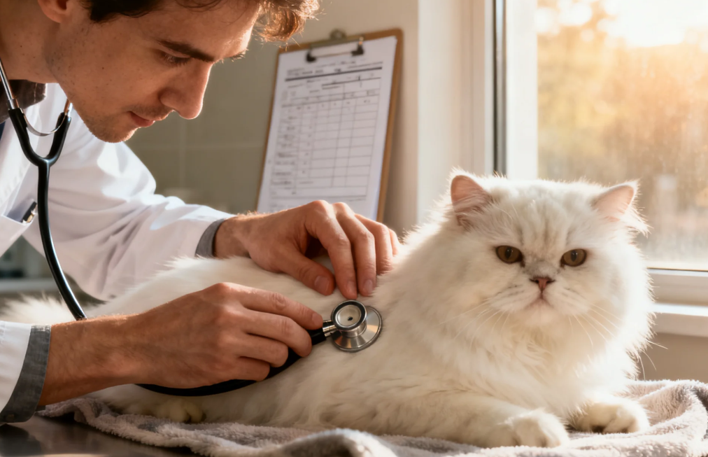 accident only pet insurance explained: Vet gently examining a cat, showing professional care