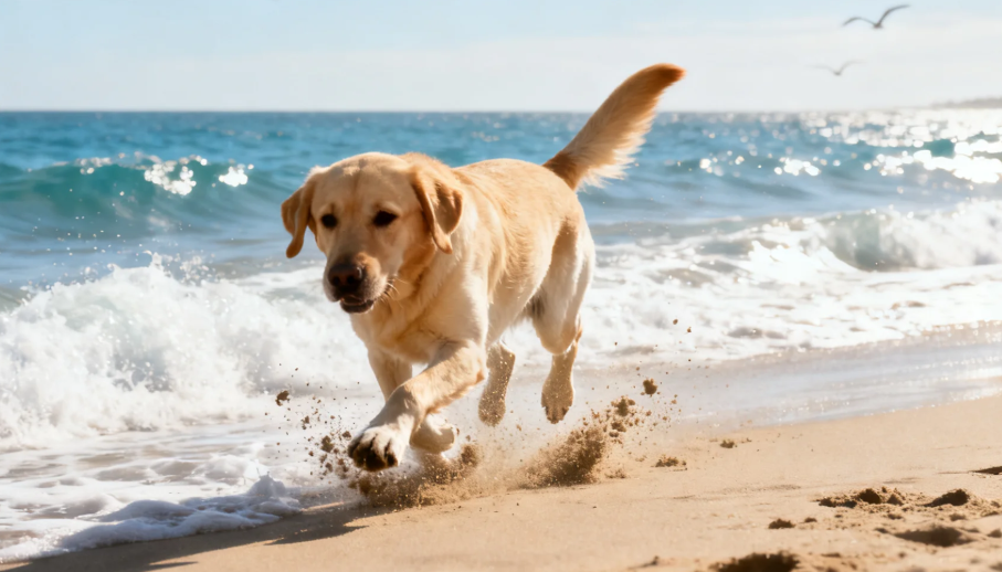 best dog parks: dogs playing freely on a sunny beach with the ocean in the background