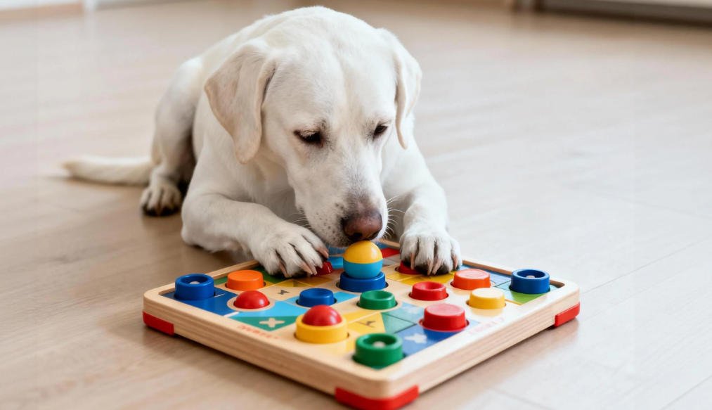 hide and seek toys for dogs：Dog happily playing with a hide and seek puzzle toy